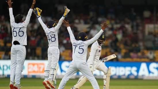 Sri Lankan players appeal unsuccessfully for the wicket of India's Jasprit Bumrah, right, during the first day of the second cricket test match between India and Sri Lanka in Bengaluru, India, Saturday, March 12, 2022(AP)
