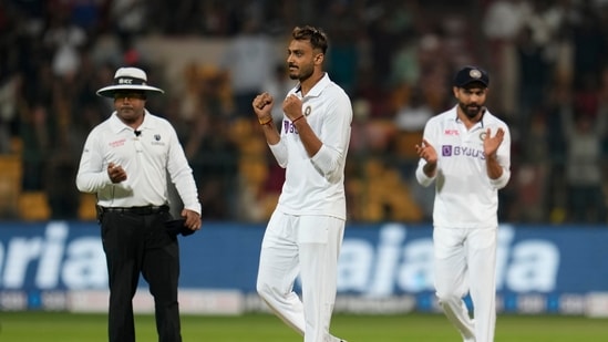 India's Axar Patel, center, celebrates the dismissal of Sri Lanka's Charith Asalanka during the first day of the second cricket test match between India and Sri Lanka in Bengaluru, India, Saturday, March 12, 2022(AP)