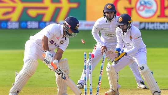 India's batter Rishab Pant gets clean bowled by Sri Lanka's bowler Lasith Embuldeniya during the first day of 2nd test cricket match between India and Sri Lanka at Chinnaswamy Stadium, in Bengaluru, Saturday, March 12(PTI)