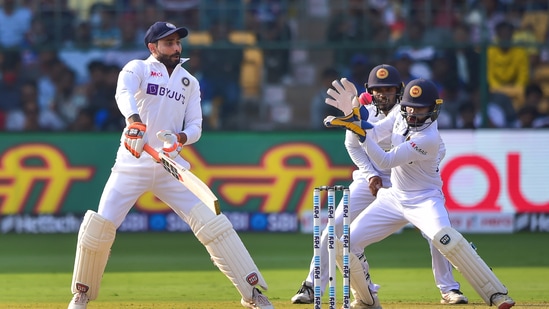 India's batter Ravindra Jadeja plays a shot during the first day of 2nd test cricket match between India and Sri Lanka at Chinnaswamy Stadium, in Bengaluru, Saturday, March 12, 2022(PTI)
