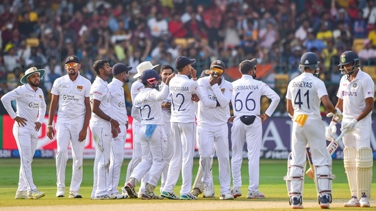 Sri Lanka's players react after appealing for the wicket of India's Ravichandran Ashwin during the 2nd test cricket match between India and Sri Lanka at Chinnaswamy Stadium in Bengaluru, Saturday, March 12(PTI)