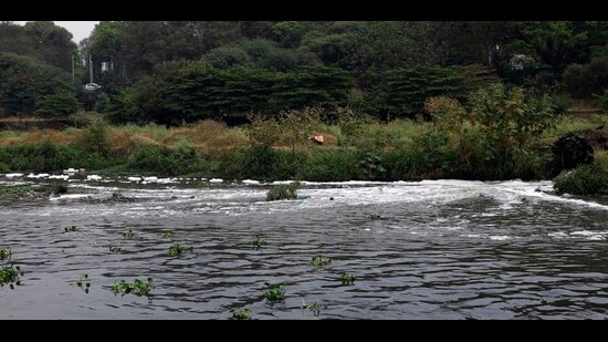 Days after PM laid the foundation stone for the ambitious riverfront development project, the MVA government has ordered a committee to review it. (in pic) Chemical substance causing a foam like substance in the Mula river which causing water pollution. (Rahul Raut/HT PHOTO)