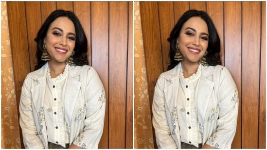 Swara paired a white cropped shirt adorned with gold buttons with a pair of shimmery gold pair of high-waisted trousers with wide legs.(Instagram/@reallyswara)