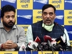 Delhi environment minister Gopal Rai along with AAP senior leader Durgesh Pathak at the party office in Rouse Avenue in New Delhi, on Wednesday. (HT) Delhi environment minister Gopal Rai along with AAP senior leader Durgesh Pathak at the party office in Rouse Avenue in New Delhi, on Wednesday. (HT)