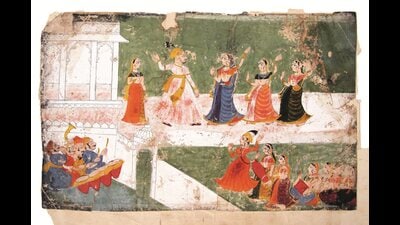 An early 18th century painting, made of gouache and gold on paper of a royal couple dancing on the terrace accompanied by musicians, is some of the many works part of the exhibition titled His Glory and His Monuments. An early 18th century painting, made of gouache and gold on paper of a royal couple dancing on the terrace accompanied by musicians, is some of the many works part of the exhibition titled His Glory and His Monuments.