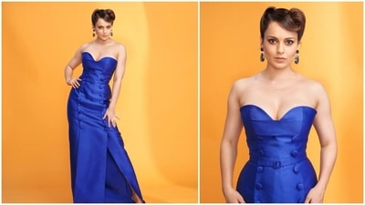 For an earlier episode of the show Lock Upp, Kangana Ranaut donned a long royal blue dress by a clothing line from Lebanon titled Ziad Germanos. (Instagram/@ziadgermanosworld) For an earlier episode of the show Lock Upp, Kangana Ranaut donned a long royal blue dress by a clothing line from Lebanon titled Ziad Germanos. (Instagram/@ziadgermanosworld)