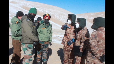 In this photograph provided by the Indian Army, army officers of India and China hold a meeting at Pangong lake region in Ladakh on the India-China border on February. 10, 2021 (AP) In this photograph provided by the Indian Army, army officers of India and China hold a meeting at Pangong lake region in Ladakh on the India-China border on February. 10, 2021 (AP)