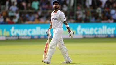 Virat Kohli walks back to the pavilion after being dismissed in the second Test between India and Sri Lanka at M Chinnaswamy Stadium in Bengaluru. (Surjeet Kumar)