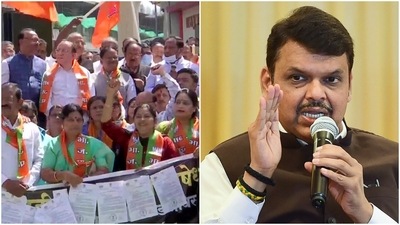 BJP leaders stage protest against Mumbai police notice to former Maharashtra chief minister Devendra Fadnavis in alleged transfer posting case (Twitter/ANI) BJP leaders stage protest against Mumbai police notice to former Maharashtra chief minister Devendra Fadnavis in alleged transfer posting case (Twitter/ANI)