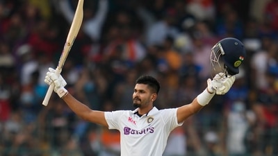 Shreyas Iyer celebrates scoring fifty runs during the first day of the second cricket test match between India and Sri Lanka in Bengaluru, India, Saturday (AP)