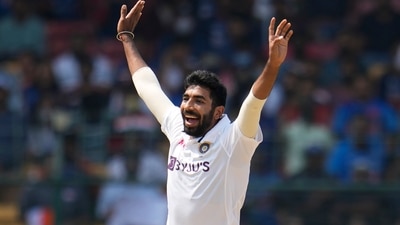 India's Jasprit Bumrah celebrates the dismissal of Sri Lanka's Niroshan Dickwella during the second day of the second Test between India and Sri Lanka in Bengaluru. (AP)