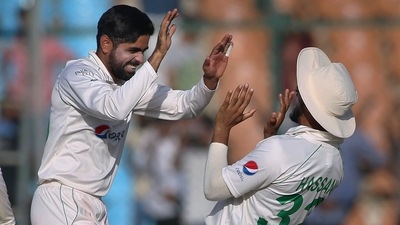 Babar Azam celebrates after the dismissal of Alex Carey on Day 2 of Karachi Test. (AP) Babar Azam celebrates after the dismissal of Alex Carey on Day 2 of Karachi Test. (AP)