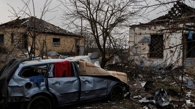 The debris of damaged houses lies on the ground near the spot where a cultural center and administration building once stood, destroyed during an aerial bombing as Russia's advance on the Ukrainian capital continues, in the village of Byshiv outside Kyiv, Ukraine (REUTERS)