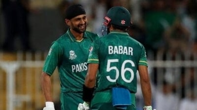 Pakistan's Shoaib Malik, left, celebrates with captain Babar Azam (AP) Pakistan's Shoaib Malik, left, celebrates with captain Babar Azam (AP)