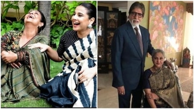 Left- A picture of Shefali Shah and Vidya Balan from Jalsa movie promotions. Right- Amitabh Bachchan and Jaya Bachchan posing at their house Jalsa.
