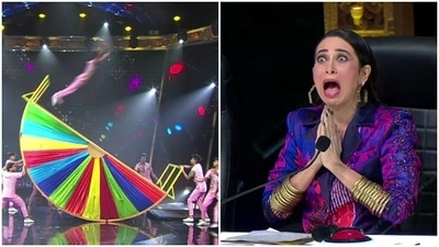 Karisma Kapoor reacts as she watches an acrobatic act on India's Got Talent.