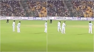 Virat Kohli reacts to the ‘ABD!’ chant during Day 1 of the pink-ball Test. (Twitter)