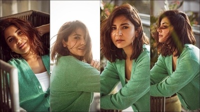 Wearing a dab of nude pink lipstick, Anushka amplified the glam quotient by opting for a dewy makeup look. Striking sultry candid poses for the camera, the diva set the Internet on fire.&nbsp; (Instagram/anushkasharma)