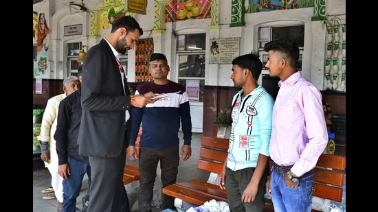 Railway teams checking tickets of passengers in Ludhiana on Sunday. The checking drive has been intensified in view of Holi, when migrants head to their hometowns. (Harsimar Pal Singh/HT)
