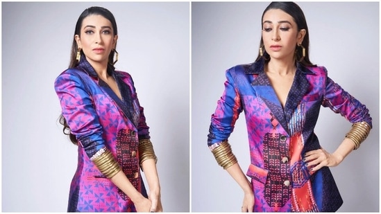 The Kapoor sisters, Karisma Kapoor and Kareena Kapoor Khan, have a very unique styling sense. From basic wears to fancy designer outfits, the duo sure knows how to ace every outfit they don. Karisma, who has won hearts of many with her beauty and acting, recently treated her fans with jaw-dropping photos of herself in a multi-coloured Manish Malhotra pantsuit.(Instgaram/@therealkarismakapoor)