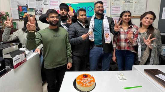Canadian supporters of AAP celebrating its victory in Punjab in the early hours of March 10 in Brampton, Toronto. (Credit: Sudeep Singla)