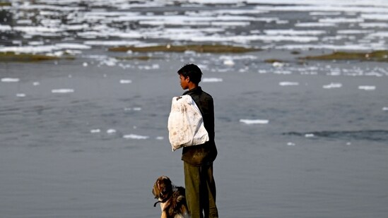 A ragpicker stands on the banks of the river Yamuna in New Delhi.(AFP)