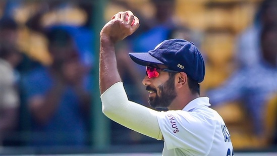 Bengaluru: India's bowler Jasprit Bumrah with the match ball after taking five wickets, during the second day of the second test cricket match between India and Sri Lanka, at Chinnaswamy Stadium in Bengaluru, Sunday, March 13, 2022. (PTI Photo/Shailendra Bhojak)(PTI03_13_2022_000089A)(PTI)