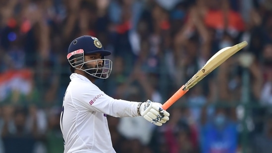 Bengaluru: India's batsman Rishabh Pant raises his bat after scoring a half-century, during the second day of the second test cricket match between India and Sri Lanka, at Chinnaswamy Stadium in Bengaluru, Sunday, March 13, 2022. (PTI Photo/Shailendra Bhojak)(PTI03_13_2022_000216A)(PTI)
