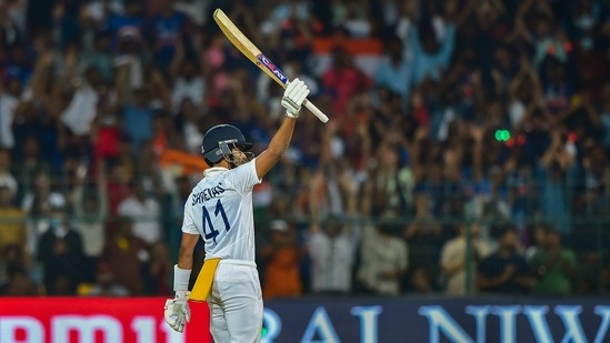 Bengaluru: India's batsman Shreyas Iyer raises his bat after scoring a half-century, during the second day of the second test cricket match between India and Sri Lanka, at Chinnaswamy Stadium in Bengaluru, Sunday, March 13, 2022. (PTI Photo/Shailendra Bhojak)(PTI03_13_2022_000264A)(PTI)