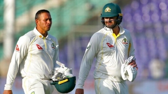 Australia's Usman Khawaja, left, and Nathan Lyon (AP)