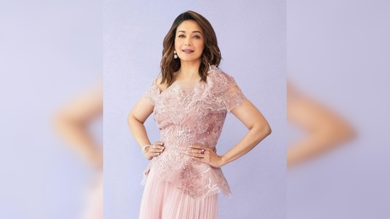 The top is made of sheer material and has shimmery silver and rose gold patterns all over.(Instagram/@madhuridixitnene)