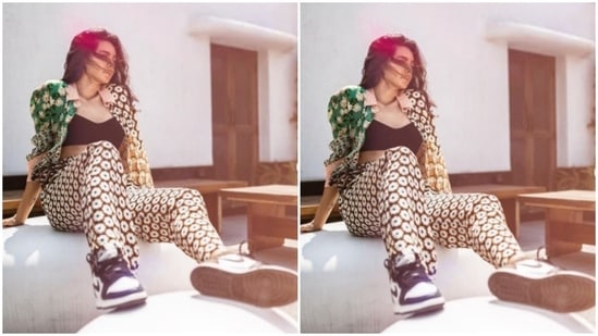 Shibani paired a comfy printed full-sleeved shirt with a pair of cotton trousers with wide legs.(Instagram/@shibanidandekar)