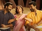 Alia Bhatt, Ram Charan and Jr NTR in a still from RRR's new song Sholay. Alia Bhatt, Ram Charan and Jr NTR in a still from RRR's new song Sholay.
