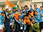 Indian team celebrates after winning a gold medal at the Asian Junior Girls Handball Championship in Almaty on Monday. (HFI) Indian team celebrates after winning a gold medal at the Asian Junior Girls Handball Championship in Almaty on Monday. (HFI)