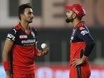 Harshal Patel and Virat Kohli during IPL 2021 last year. (Twitter) Harshal Patel and Virat Kohli during IPL 2021 last year. (Twitter)