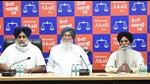Former Punjab chief minister Parkash Singh Badal with Shiromani Akali Dal president Sukhbir Singh Badal at the party’s core committee meeting in Chandigarh on Monday. (Keshav Singh/HT) Former Punjab chief minister Parkash Singh Badal with Shiromani Akali Dal president Sukhbir Singh Badal at the party’s core committee meeting in Chandigarh on Monday. (Keshav Singh/HT)