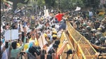 Paramilitary and police personnel keep AAP supporters from marching towards the BJP HQ on Monday. (Amal KS/HT) Paramilitary and police personnel keep AAP supporters from marching towards the BJP HQ on Monday. (Amal KS/HT)