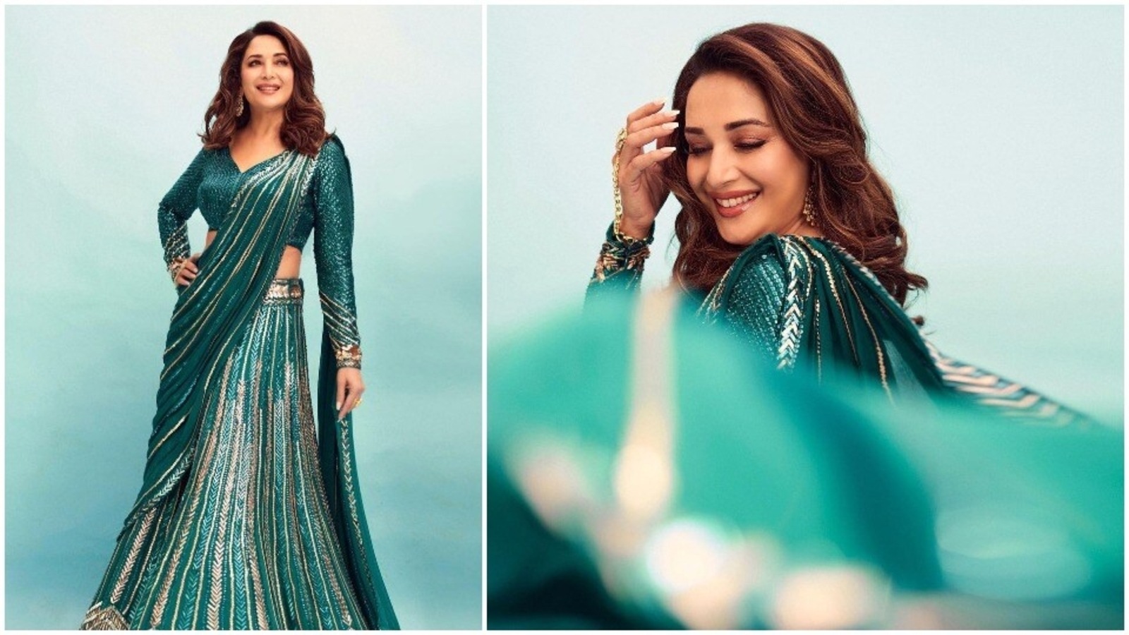 Madhuri Dixit is Splendid in Amit Aggarwal's Emerald Green Fusion Lehenga  Worth Rs 1,95,000