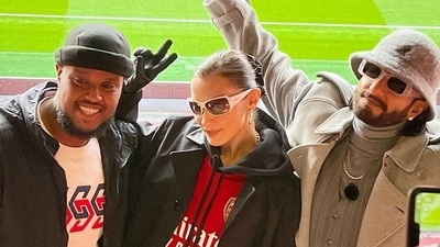 Ranveer Singh poses with Bella Hadid and Chunkz.