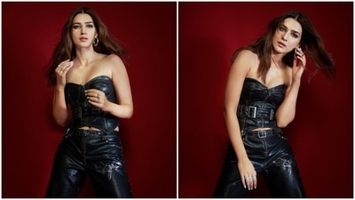 Kriti Sanon earlier rocked the leather look in a stylish strapless corset and pants set for Bachchhan Paandey promotions. (Instagram/@sukritigrover) Kriti Sanon earlier rocked the leather look in a stylish strapless corset and pants set for Bachchhan Paandey promotions. (Instagram/@sukritigrover)