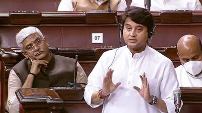 Union minister Jyotiraditya Scindia addresses the Rajya Sabha, during the ongoing Budget session of Parliament, on Monday. (PTI)