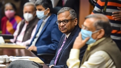 File photo of Tata Sons chief Natarajan Chandrasekaran (2R) in New Delhi. (PTI) File photo of Tata Sons chief Natarajan Chandrasekaran (2R) in New Delhi. (PTI)