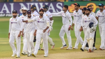 Bengaluru: Indian players greet each other after winning the second test cricket match and the series during the third day of 2nd test cricket match between India and Sri Lanka at Chinnaswamy Stadium, in Bengaluru, Monday, March 14, 2022. (PTI Photo/Shailendra Bhojak)(PTI03_14_2022_000300A) (PTI)