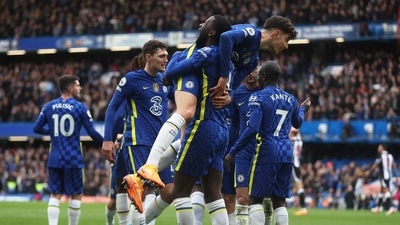 Chelsea's Kai Havertz celebrates scoring their first goal with Antonio Rudiger (Reuters)