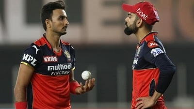 Harshal Patel and Virat Kohli during IPL 2021 last year. (Twitter) Harshal Patel and Virat Kohli during IPL 2021 last year. (Twitter)