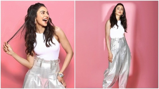 Rakul Preet has managed to make heads turn every time she steps out in trendy and uber-stylish outfits. Before heading out for any event or an outing, the actor makes sure to get clicked in the attire for her Instagram family. In her recent pictures, the De De Pyaar De actor can be seen striking cool poses in a white top and metallic trousers.(Instagram/@rakulpreet)
