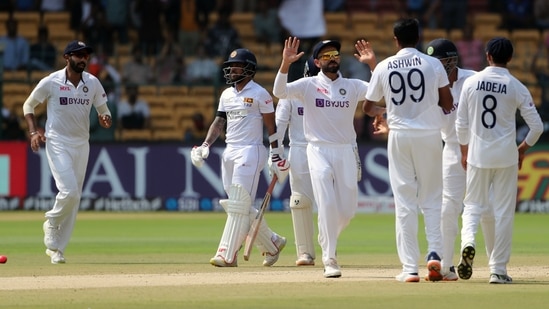 Bengaluru, Mar 14 (ANI): India's Ravichandran Ashwin celebrates the dismissal of Sri Lanka's Kusal Mendis on the 3rd day of the second test match between India and Sri Lanka, at M.Chinnaswamy Stadium, in Bengaluru on Monday. (ANI Photo)
(Surjeet Kumar)