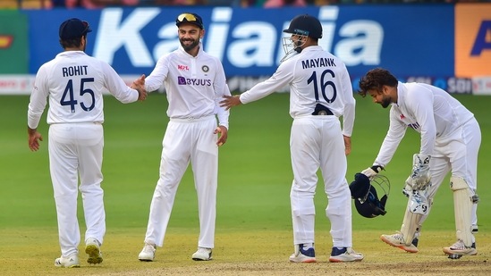 Indian players greet each other after winning the second Test against Sri Lanka(PTI)