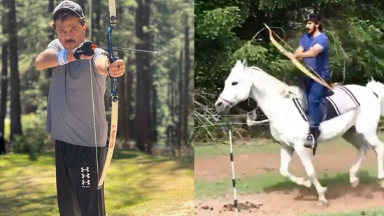 Anil Kapoor and Harshvarrdhan Kapoor during their archery session.&nbsp;