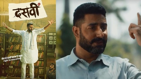 Abhishek Bachchan on the Dasi poster and in a still from the teaser.&nbsp;